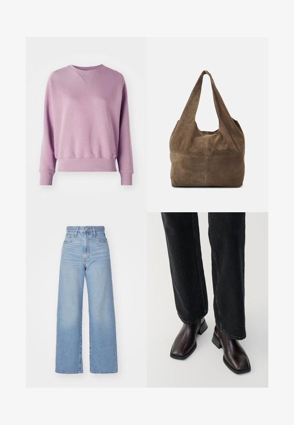 Paars sweatshirt van zacht materiaal; heeft een geribbelde ronde hals, lange mouwen en elastische manchetten. Subtiel logo detail aan de onderkant.; Lichtblauwe high-waist wijde jeans met een knoop- en ritssluiting aan de voorkant, voor- en achterzakken, op een witte achtergrond.; Bruine leren enkellaarsjes met een vierkante neus en blokhak, gecombineerd met zwarte wijde jeans. Glad textuur en minimalistisch ontwerp.; Bruine suède hobo tas met een enkele schouderband, zachte textuur en een ronde vorm. Kenmerkt zich door een naad in het midden voor extra detail.