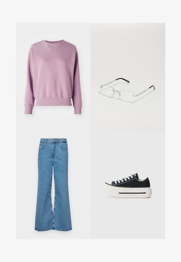 Sudadera púrpura hecha de una tela suave; cuenta con un cuello acanalado, mangas largas y puños elásticos. Detalle sutil del logotipo en el dobladillo.; Jeans acampanados de color azul claro hechos de denim, con una cintura alta, cinco bolsillos y un cierre de botón. Textura suave con acabado desgastado.; Zapatillas de lona negras con suela de goma blanca, que cuentan con una plataforma gruesa, cordones blancos y costuras en contraste a lo largo de las costuras.; Gafas rectangulares con lentes claros, un delgado marco de metal plateado y puntas de acetato negro. Presentan un hardware mínimo para un diseño elegante.