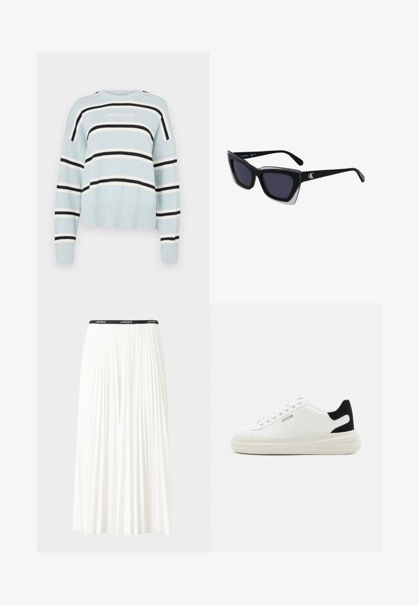 Pull en tricot bleu clair avec des rayures horizontales noires et blanches. Il présente un ourlet et des poignets côtelés, un col rond et un logo "GUESS JEANS".; Jupe plissée blanche avec une taille élastique noire portant le logo "LACOSTE". Design mi-long avec une texture douce.; Baskets en cuir blanc avec une épaisse semelle blanche, un accent en daim noir au niveau du talon et un logo embossé sur le côté. Design à lacets avec six œillets.; Lunettes de soleil noires surdimensionnées avec une forme géométrique, dotées de verres foncés et d'un détail gris contrastant sur la monture. Logo sur la branche.