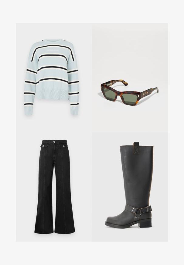 Světle modrý pletený svetr s horizontálními černobílými pruhy. Obsahuje žebrovaný lem a manžety, kulatý výstřih a logo "GUESS JEANS".; Černé džínové zvonové kalhoty s vysokým pasem, které mají dvě přední kapsy, stříbrné kovové detaily a viditelné švy na přední straně.; Černé kožené vysoké boty po kolena s texturovaným povrchem, které mají boční kovovou sponu a nízký podpatek. Podrobné šití podél švů.; Želvovinové sluneční brýle s obdélníkovými zelenými skly. Silný rám s zlatými akcenty na spáncích. Hladký povrch a ostrý design.