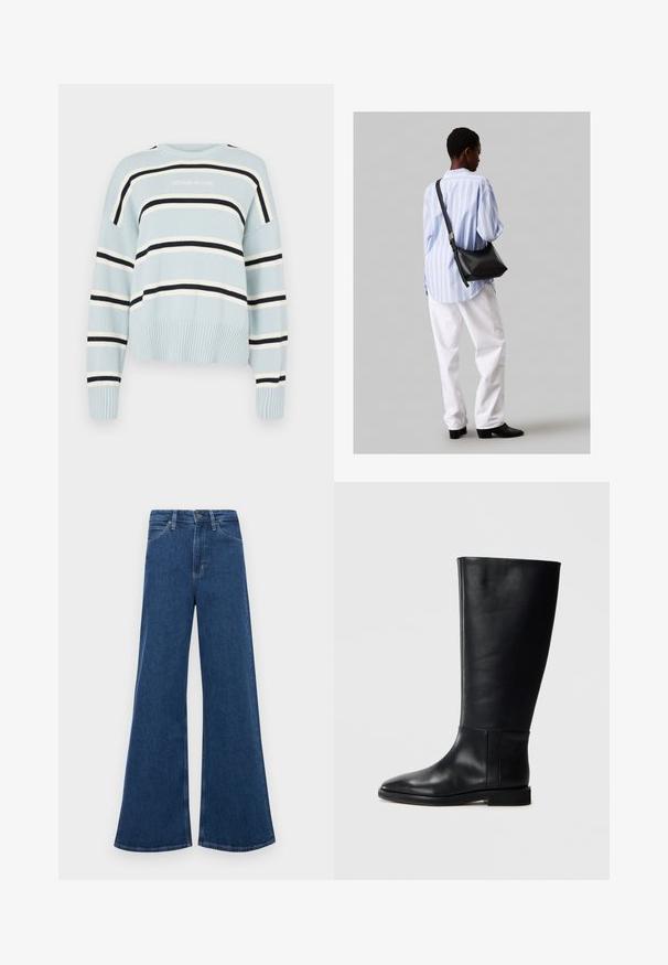 Pulover tricotat de culoare albastru deschis, cu dungi orizontale negre și albe. Are o margine și manșete ribbate, un guler rotund și logo-ul "GUESS JEANS".; Jeans din denim albastru cu talie înaltă, cu o croială evazată, având cinci buzunare, închidere cu nasture și cusături în contrast pe șuvițe.; Cizmă neagră din piele până la genunchi, cu vârf rotund, textură netedă, design minimalist și talpă plată. Detalii simple de cusătură pe tijă.; Geantă de umăr din piele neagră cu o textură moale, formă triunghiulară și curea ajustabilă, asortată cu o bluză cu dungi albastre deschise și pantaloni albi.