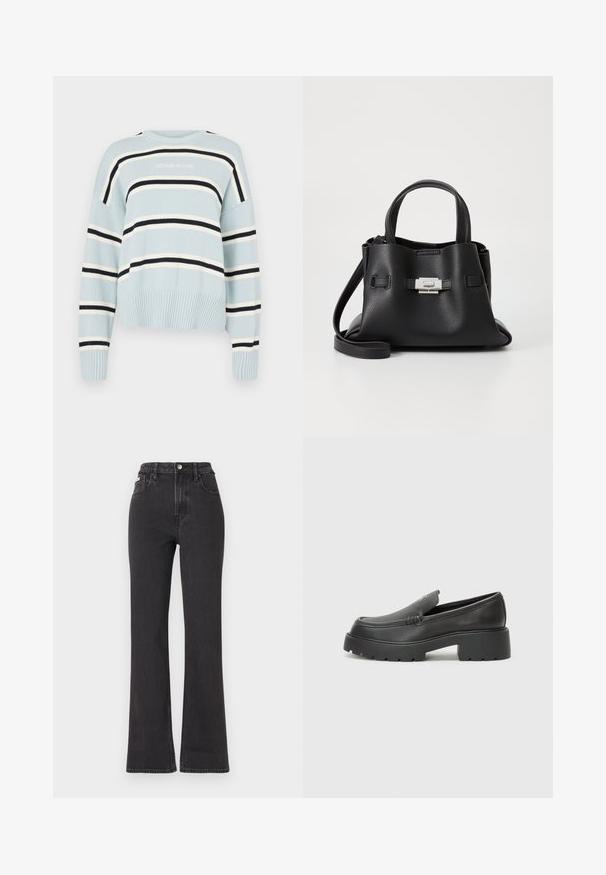 Jasnoniebieski sweter dzianinowy w poziome czarne i białe paski. Posiada ściągacz na dolnym brzegu i mankietach, okrągły dekolt oraz logo "GUESS JEANS".; Czarne jeansy z wysokim stanem i rozszerzanym dołem, wykonane z denimu, z zapięciem na guzik, szlufkami na pasek oraz kieszeniami bocznymi. Gładka faktura z minimalnym przetarciem.; Czarne skórzane mokasyny z zaokrąglonym noskiem, grubą fakturowaną podeszwą oraz minimalnymi detalami szycia. Elegancki design bez widocznych sznurowadeł czy elementów metalowych.; Czarna skórzana torebka z teksturowanym wykończeniem, wyposażona w dwie górne rączki, odczepiany pasek na ramię oraz detal w postaci srebrnego zapięcia.