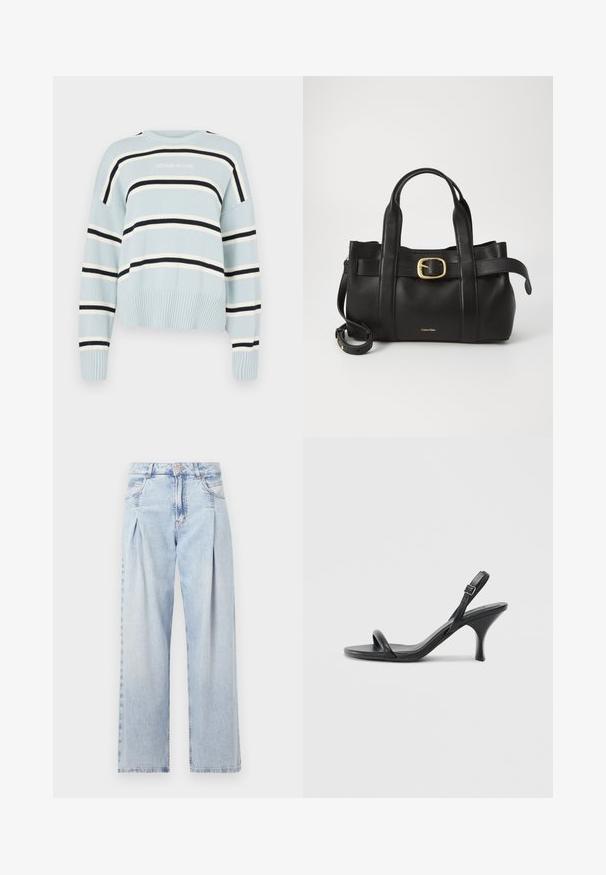 Maglione a maglia azzurro chiaro con righe orizzontali nere e bianche. Presenta orli e polsini a coste, scollo rotondo e logo "GUESS JEANS".; Jeans in denim azzurro chiaro con vita alta, taglio a gamba larga, due tasche laterali e design plissettato. Texture morbida con una finitura sbiadita.; Sandali con tacco alto in pelle nera, con tacco sottile e curvo e design a fascia incrociata. Cinghia alla caviglia regolabile. Texture liscia.; Borsa a mano in pelle nera con un design strutturato, doppie maniglie superiori, accentuazione in metallo dorato e logo del marchio in rilievo sul davanti.