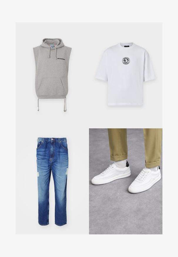 Sudadera sin mangas gris hecha de una mezcla de algodón. Cuenta con un bolsillo frontal, cordones ajustables y texto impreso en negro cerca del escote.; Camiseta de algodón blanca con mangas cortas, que presenta un logotipo gráfico negro circular en el frontal. Diseño de cuello redondo, corte relajado.; Vaqueros de mezclilla azul con un lavado desgastado, con una zona de rodilla desgastada, cinco bolsillos y un diseño de pierna recta.; Zapatillas blancas con un acabado de cuero texturizado, punta redondeada y acento negro en el talón. Suela de goma con un pequeño patrón de relieve y detalle de costura.