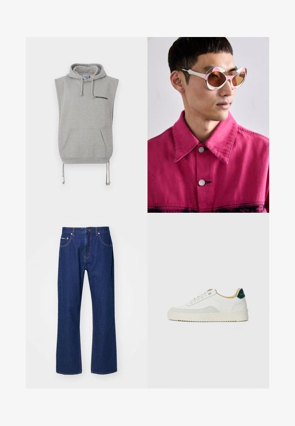 Sleeveless gray hoodie made of cotton blend fabric. Features a front pocket, adjustable drawstrings, and black printed text near the neckline.; Dark blue denim jeans with a straight-leg cut, five pockets, and subtle stitching details. Feature a button and zipper closure.; White sneaker with suede accents, rounded toe, flat laces, and a cream rubber sole. Features green branding on the heel.; White and pink oversized sunglasses with a curved frame, featuring brown tinted lenses. Model wears a pink denim jacket with a collar.