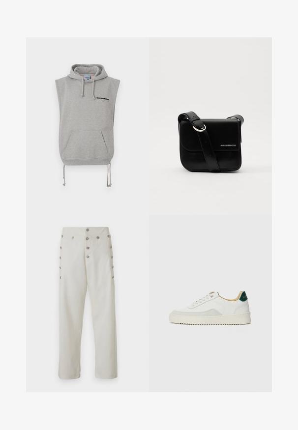 Ujjatlan szürke kapucnis pulcsi pamut keverék anyagból. Elől zseb található, állítható fűzőkkel, és fekete nyomtatott szöveg látható a nyakkivágás közelében.; Tejfehér színű nadrág, egyenes szabással, díszítő ezüstgomb részletekkel mindkét oldalon és sima szövettextúrával.; Fehér sneaker suédé részletekkel, kerek orral, lapos fűzőkkel és krémszínű gumitalppal. Zöld logó található a sarkán.; WANT Les Essentiels ARCH CROSSBODY UNISEX - Keresztpántos táska - black