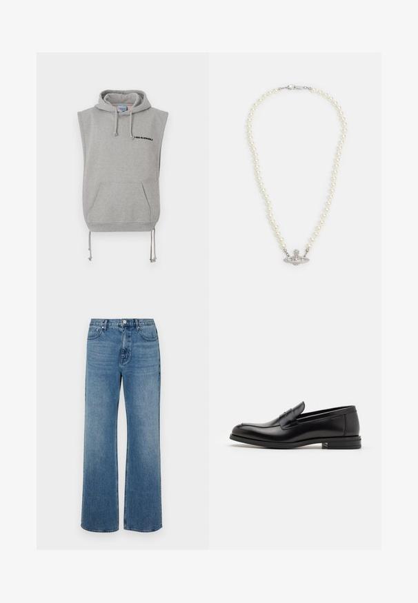 Bezramenná šedá mikina s kapucí vyrobená z bavlněné směsi. Obsahuje přední kapsu, nastavitelné stahovací šnůrky a černý potištěný text poblíž výstřihu.; Široké modré džíny vyrobené z denimu s vybledlým povrchem. Mají pět kapes, přední zapínání na knoflík a rovný střih.; Černé kožené polobotky s hladkou texturou, zaoblenou špičkou a zdobným páskem přes nárt. Nízký stohovaný podpatek, minimalistický design.; Perlový náhrdelník se stříbrným zapínáním. Obsahuje kulaté bílé perly a dekorativní středový prvek posázený rhinestonem.