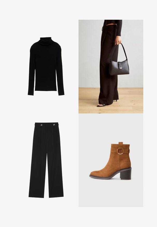 Černý žebrovaný rolák s dlouhými rukávy a přiléhavým střihem. Tkanina vypadá hladce, má měkkou texturu a jednoduchý siluetu.; Černé široké kalhoty s vysokým pasem, detailní knoflíky na pase a přední záhyby.; Hnědé semišové kotníkové boty s kulatou špičkou, blokovým podpatkem a ozdobným páskem se zaoblenou přezkou.; Černá kabelka se strukturovaným tvarem, hladkým povrchem a kovovým uzávěrem. Kombinována s širokými černými kalhotami a sandály s otevřenou špičkou na dřevěné podlaze.