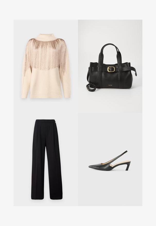 Beige Pullover mit hohem Kragen und langen Ärmeln, der an den Schultern mit einer Fransenbesetzung aus metallischen Fäden verziert ist, aus einem strukturierten Strick gefertigt.; Schwarze weit geschnittene Hose aus glattem Stoff, mit einem schlichten Design und elastischem Bund, ohne sichtbare Muster oder Akzente.; Schwarzer spitz zulaufender Slingback-Schuh mit niedrigem Absatz, der aus glattem Leder gefertigt ist und seitliche Ausschnitte für Atmungsaktivität aufweist.; Schwarze Lederhandtasche mit strukturiertem Design, doppelten oberen Griffen, goldfarbenem Schnallenakzent und geprägtem Markenlogo auf der Vorderseite.