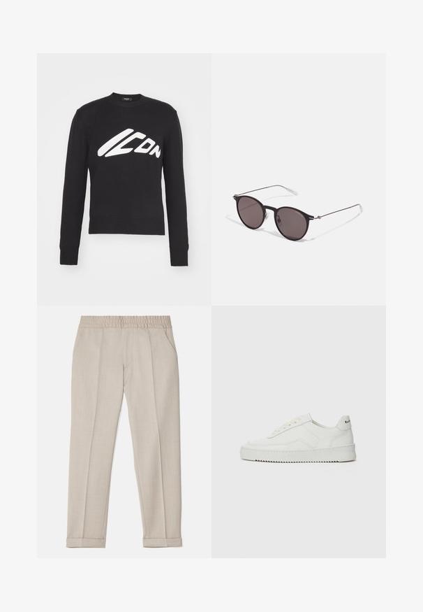 Maglione nero lavorato a maglia con scollatura rotonda, polsini e orlo a coste. Presenta un logo bianco "ICON" in un font stilizzato sulla parte anteriore.; Filippa K TERRY CROPPED TROUSERS - Pantaloni - sage melange; Sneaker in pelle bianca con una finitura liscia, punta rotonda, lacci piatti e suola testurizzata. Presenta un logo discreto sul tallone.; Occhiali da sole neri rotondi con lenti scure e sottili bracci in metallo. Include punte trasparenti e accenti argentati alla cerniera. Design minimalista.