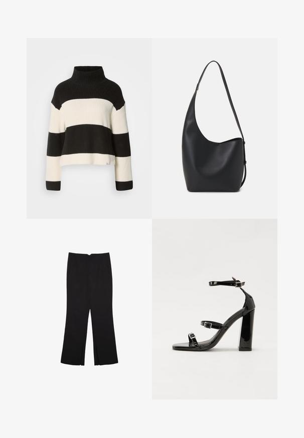 Mustavalkoraidallinen neulepusero, jossa on korkea ribbikaulus, lyhyt malli ja leveät hihat, joissa on vastakkaisia tekstuureja ja siistit reunasaumaat.; Mustat housut suoralinjaisella leikkauksella, joissa on etutaskut ja sivurei'ät helman alla. Valmistettu pehmeästä ja sileästä kankaasta. Sopii eri tilaisuuksiin.; Musta kiiltäväpintainen korkokengät, joissa on kaksi solkikiinnitystä, neliönmuotoinen kärki ja paksu korko, sileällä, kiiltävällä pintarakenteella.; Musta nahkainen hobo-laukku, jossa on sileä pinta, kaareva muoto ja yksi säädettävä olkahihna; sisäänkäynti on leveä ylhäältä.