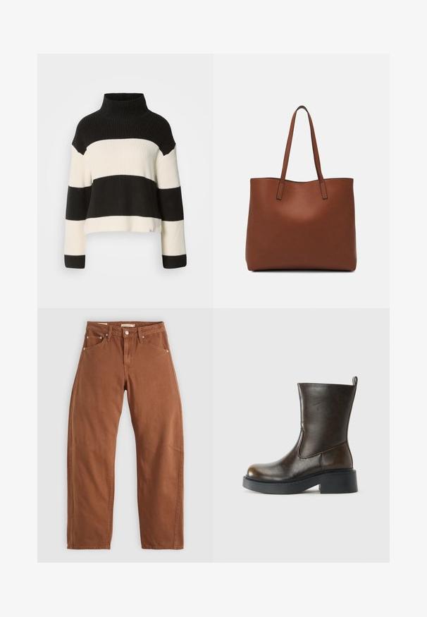 Sweter w czarno-białe paski z wysokim, prążkowanym dekoltem, krótkim krojem i szerokimi rękawami, charakteryzujący się kontrastującymi fakturami i starannym wykończeniem brzegów.; Rude brązowe dżinsy o prostym kroju z kieszeniami z przodu i z tyłu, metalowymi nitami, zapięciem na guzik i pętlami na pasek, leżące płasko na białym tle.; Ciemnobrązowe skórzane botki do kostki z okrągłym czubkiem, grubą czarną podeszwą, niskim obcasem w kształcie bloku oraz pętelką z tyłu.; Brązowa skórzana torba tote o gładkiej fakturze, z otwartym wierzchem i dwoma ramiączkami. Charakteryzuje się minimalnym przeszyciem i brakiem widocznych elementów metalowych.