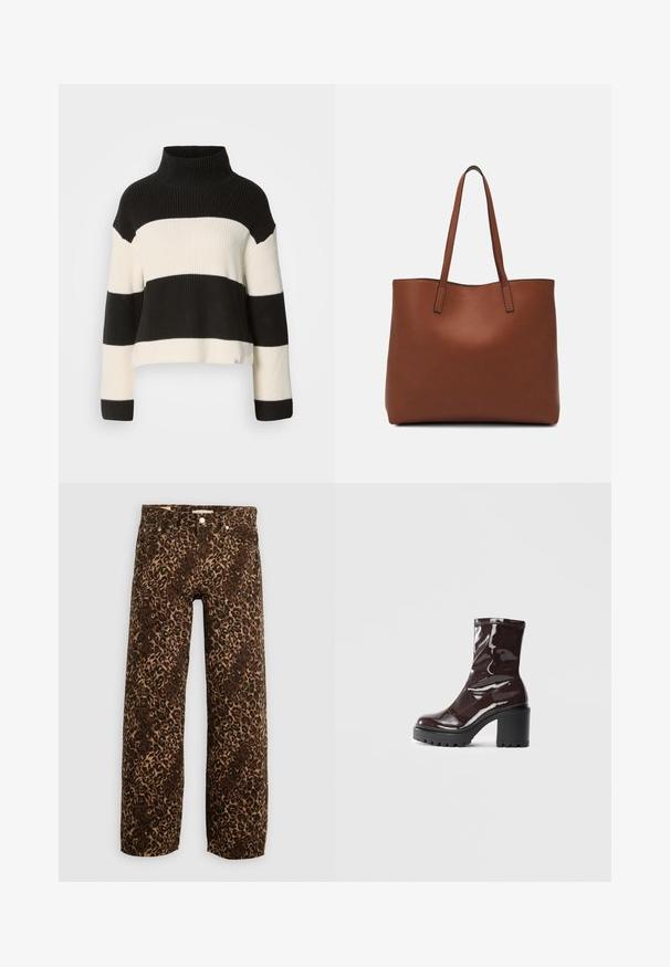 Pulover cu dungi alb-negru, cu un guler înalt cu nervuri, croială scurtă și manșoane largi, având texturi contrastante și cusături curate pe margini.; Blugi largi cu imprimeu de leopard în nuanțe de maro și bej. Realizați din denim, cu un design clasic cu cinci buzunare și accesorii din metal.; Botine lucioase burgundy, cu toc gros negru, având o textură netedă și un design simplu. Fără închideri sau modele vizibile.; Geantă de umăr din piele maro cu o textură netedă, design cu vârf deschis și două curele pentru umăr. Prezintă cusături minime și fără componente metalice vizibile.