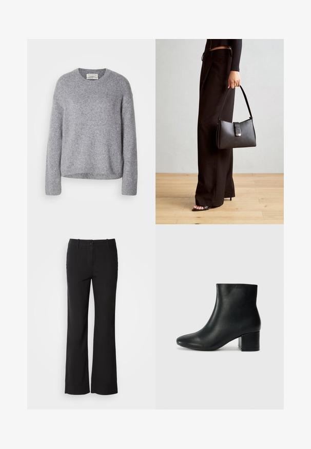 Pulover din lână tricotat, de culoare gri deschis, cu mâneci lungi și margini ribbate la manșete, poală și guler tip echipaj, expus pe un fundal alb.; Pantaloni negri dintr-un amestec de bumbac, cu un design drept, închidere frontală cu buton și două buzunare laterale. Textură netedă, fără modele vizibile.; Cizme negre din piele până la gleznă, cu vârf ascuțit și toc robust. Textură netedă, cu accente minime și un design elegant, ajustat.; Genți negre cu o formă structurată, textură netedă și un închizător metalic. Asortată cu pantaloni negri largi și sandale cu vârf deschis pe un podea din lemn.
