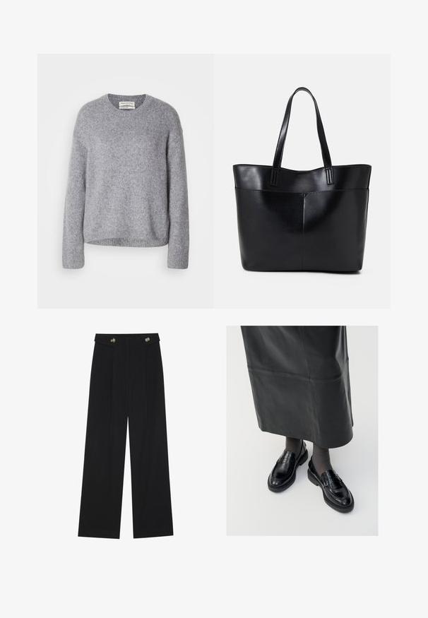 Suéter de lã tricotado em cinza claro, com mangas longas e punhos, bainha e decote em crew ribados, exibido sobre um fundo branco.; Calças largas pretas com cintura alta, detalhes em botão na cintura e pregas frontais.; Mocassins de pele preta com um acabamento liso, apresentando uma fita decorativa, bico redondo e sola texturizada. Usados com uma saia longa de pele preta.; Bolsa tote preta em couro com duas alças longas, textura suave e forma estruturada. Apresenta um bolso frontal para armazenamento adicional.
