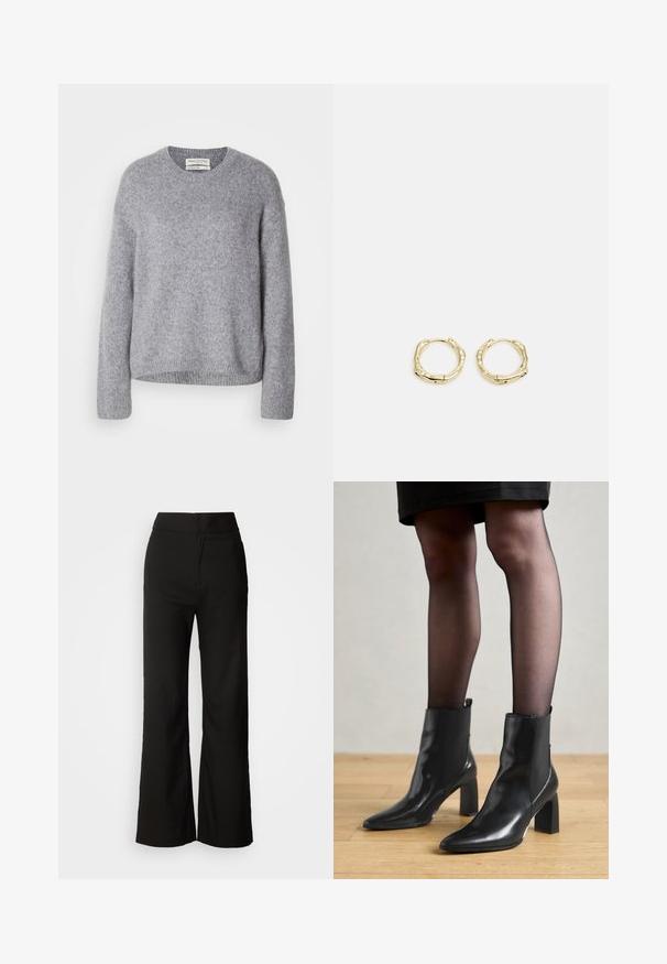 Helehall villane kampsun pika varrukatega, ribaga lõpetuste, serva ja ümmarguse kaelusega, esitatud valgel taustal.; Mustad laiad püksid sujuva tekstuuriga, kõrge vöökoht ja puhas disain. Ei ole nähtavaid taskuid ega dekoreerimist.; Mustad mustad jalanõud terava ninaga, paksu ruudukujulise kontsaga ja saleda disainiga. Omavad elastseid külgpaneele mugavaks selga tõmbamiseks.; Kuldsete rõngaskõrvarõngaste tekstuuriga, ebakorrapärane kuju. Omab sujuvat lukustust ja poleeritud pinnatöötlust, rõhutades kaasaegset disaini.