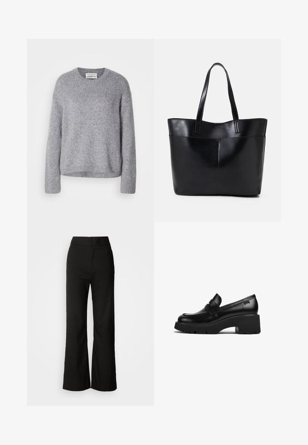 Šviesiai pilka megzta vilnos megztinis su ilgomis rankovėmis ir gipiūrinėmis rankogaliais, apatine dalimi ir apvaliu kaklu, pristatytas ant balto fono.; Juodos plačios kelnės su lygiu paviršiumi, aukšta liemeni, ir švariu dizainu. Nėra matomų kišenių ar papuošimų.; Juodas odinis loaferis su storais kulnais, storu padu ir dirželiu per viršų, rodoma iš šono ant baltos fono.; Juoda odinė rankinė su dviem ilgais diržais, lygiu paviršiumi ir struktūrizuota forma. Yra priekinė kišenė papildomam saugojimui.