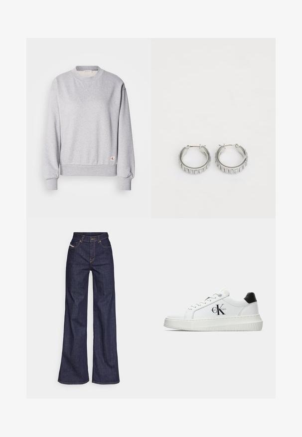 Szürke pamut pulóver kerek nyakkal, bordás mandzsettákkal és derékpánttal. Az alján kis logó címke található. Sima textúra.; Sötétkék, bő szárú farmernadrág, magas derékkal, narancssárga varrással, öt zsebes kialakítással és gombos zárással.; Fehér alacsony szárú edzőcipő fekete saroktabbal, platform talppal, fűzőkkel és Calvin Klein "CK" logóval az oldalán.; Ezüst fülbevalók, texturált mintával, függőleges barázdákkal. Kerek forma, biztos záródással. Sima felület.