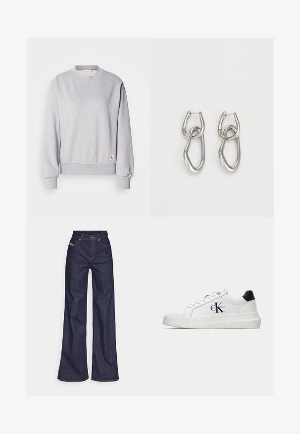Šedá bavlněná mikina s kulatým výstřihem, žebrovanými manžetami a pasem. Má malou štítkovou nášivku na dolní straně. Hladký povrch.; Tmavě modré džíny s širokým střihem vyrobené z denimové tkaniny, s vysokým pasem, oranžovým prošíváním, pěti kapsami a zapínáním na knoflík.; Bílé nízké tenisky s černým patním tabem, platformovou podrážkou, tkaničkami a logem Calvin Klein "CK" na boku.; Calvin Klein STATEMENT LINKS - Náušnice - silver-coloured