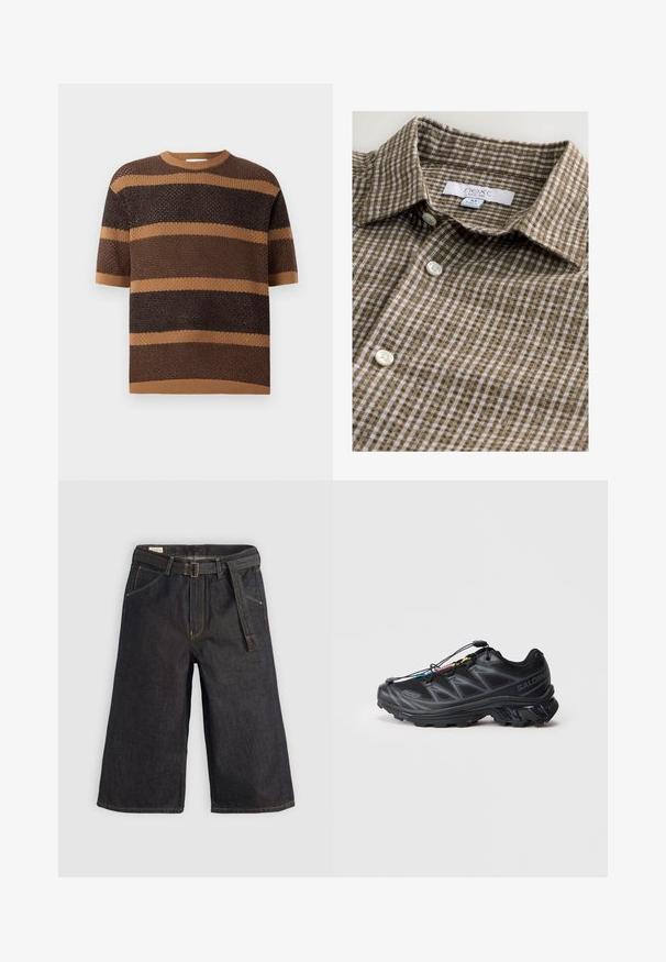 Maglione lavorato a maglia con maniche corte, collo rotondo e strisce orizzontali alternate marroni e beige in un tessuto testurizzato.; Camicia a quadri marrone con bottoni, realizzata in un tessuto morbido. Presenta un colletto classico e bottoni bianchi. Etichetta visibile.; Culotte in denim scuro con design a gamba larga, passanti per cintura e cintura in tessuto staccabile. Cuciture a contrasto e tasche su entrambi i lati.; Scarpa sportiva nera con tomaia in mesh testurizzato, punta rinforzata e sistema di allacciatura rapida. Presenta una suola robusta e una leggera elevazione del tacco.