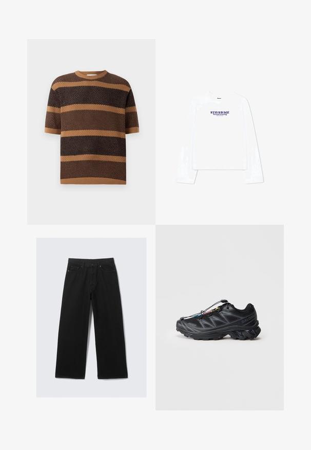 Sweter dziany z krótkimi rękawami, okrągłym dekoltem i naprzemiennymi brązowymi oraz jasnobrązowymi poziomymi paskami, wykonany z teksturowanej tkaniny.; Biała koszulka z długim rękawem, z okrągłym dekoltem i skróconym fasonem. Na przodzie wydrukowany tekst w kolorze fioletowym: "STAY SAVAGE Normal jest nudny."; Czarne szerokie spodnie dżinsowe z klasycznym pięcioma kieszeniami oraz usztywnionym paskiem z szlufkami.; Czarny but sportowy z teksturowaną górą z siateczki, wzmocnionym czubkiem i systemem szybkiego sznurowania. Posiada wytrzymałą podeszwę zewnętrzną oraz lekkie podniesienie pięty.