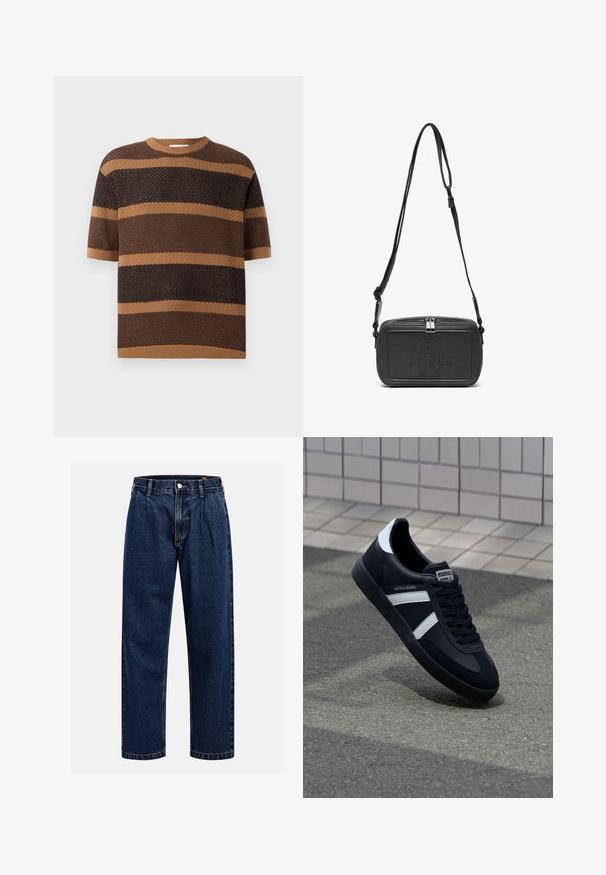 Kootud soe kootud, lühikeste varrukatega, ümmarguse kaelusega ja vahelduvate pruunide ja tanvärvi horisontaalsete triipudega, mis on valmistatud tekstuuriga kangast.; Tumed sinine denimiteksad sirge lõikega. Omavad nähtavat tikandit, nuppe sulgemiseks ning ees olevaid voldikesi lisadetailiks.; Must have musta sneaker musta valgete triipudega, tekstuurne kummitald ja nööridega esiosa. Omab bränditud märki keele peal.; Musternast mustriga nahast ristiõlgadega kott, millel on tõmbluku sulgemine, esiküljel on sissepressitud logo ja reguleeritav rihm. Sile tekstuur ja ristkülikukujuline kuju.