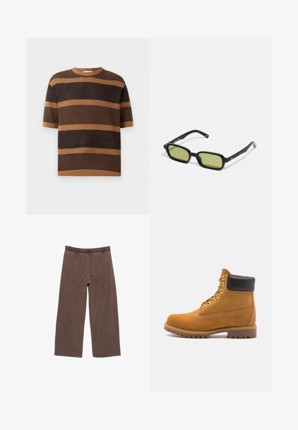 Pletena ženska majica s kratkim rukavima, okruglim izrezom i naizmjeničnim smeškim i svijetlosmeškim horizontalnim prugama od teksturirane tkanine.; Smeđe pamučne trenirke s elastičnom gumicom u struku, podesivom vezicom, širokim nogavicama i minimalnim detaljima šivanja.; Antracitne antilop čizme do gležnjeva s crnim podstavljenim ovratnikom, zlatnim metalnim rupicama, bijelim šavovima i robusnom gumenom potplatom s izraženim šarama.; Crne sunčane naočale s kutnim dizajnom, zelenim staklima i glatkim plastičnim okvirom. Imaju zlatne detalje na naramenicama.