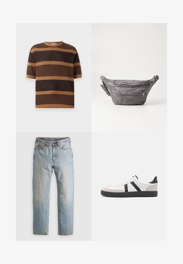 Strickpullover mit kurzen Ärmeln, Rundhalsausschnitt und abwechselnd braunen und sandfarbenen horizontalen Streifen aus strukturiertem Stoff.; Helle blaue Jeans mit hoher Taille, Frontknopf, Reißverschluss und fünf Taschen-Design, flach auf einem neutralen Hintergrund ausgelegt.; Weiße Sneaker mit schwarz- und grau-aczenten, ausgestattet mit einer strukturierten grauen Zehenkappe, schwarzer Gummi-Sohle und flachen weißen Schnürsenkeln. Sauberes Design, minimalistische Stil.; Graue Wildleder-Gürteltasche mit runder Form, zwei mit Reißverschluss verschlossenen Fächern und verstellbarem Trageriemen. Mit metallischen Hardware-Akzenten.