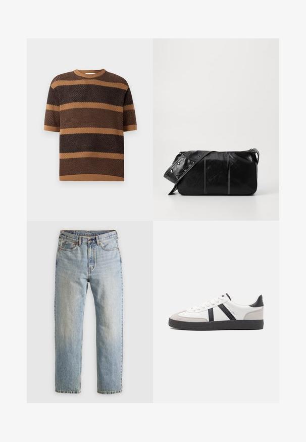 Megzta megrauta su trumpomis rankovėmis, apvaliu kaklu ir pakaitiniais rudos bei smėlio spalvos horizontaliais raštais su tekstūruota medžiaga.; Šviesiai mėlynos džinsinės kelnės su aukštu liemeniu, priekyje mygtukas, užtrauktukas ir penkių kišenių dizainas, išklotos ant neutralios fono.; Balti sportbačiai su juodais ir pilkais akcentais, pasižymintys tekstūruotu pilku pirštų dangteliu, juoda gumine padais ir plokščiomis baltomis raišteliais. Švarus dizainas, minimalistinis stilius.; Juodas odinis pečių krepšys su užtrauktuku, turintis tekstūruotą paviršių, baltą siuvinėjimą ir dirželį su sidabinėmis metalinėmis detalėmis.