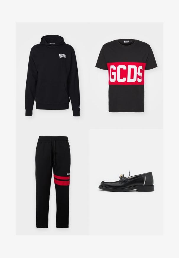 Sweat à capuche noir en tissu doux, avec une poche avant et un texte logo sur la poitrine, ainsi que des poignets et un ourlet côtelés.; GCDS BAND LOGO REGULAR - T-shirt imprimé - black; Pantalons de survêtement noirs avec des rayures rouges contrastantes et un logo sur le côté. Comprend une taille élastique avec cordon de serrage et des poignets ajustés.; Mocassin en cuir noir avec un bout arrondi, des accents blancs et des détails en or sur le dessus. Présente un empiècement texturé et un talon empilé.