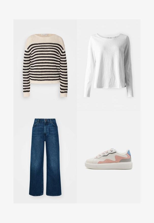 Strikkegenser i svart og kremfargede striper, med bred båthals og ribbestrikkede mansjetter og kant. Lett, teksturert stoff med løs passform.; Langermet hvit T-skjorte i myk, lett stoff; har rund hals og en litt avslappet passform; merket synlig på siden.; Høyt liv, vide jeans i mørk blå denim med en jevn tekstur, kontrastsøm og fem-lommers design. Frontlukkning med knapp.; Lave sneakers med en hvit syntetisk overdel, rosa og grå semsket skinndetaljer, teksturert hvit gummisåle og fargerike snørebånd.
