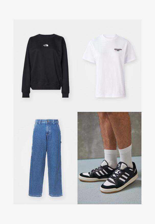 Sudadera negra confeccionada en una mezcla de algodón, con un escote redondo, mangas largas, puños acanalados y un pequeño logo blanco en el pecho.; Camiseta blanca de manga corta con cuello redondo, con un pequeño logo negro y morado de Carhartt WIP en el lado izquierdo del pecho.; Pantalones de mezclilla anchos de tiro alto en color azul, con cierre de botón y bolsillos laterales. Lavado desgastado con una textura suave y corte recto.; Zapatillas en blanco y negro con parte superior de ante y cuero, que presentan tres franjas blancas, una puntera perforada y una suela de goma.