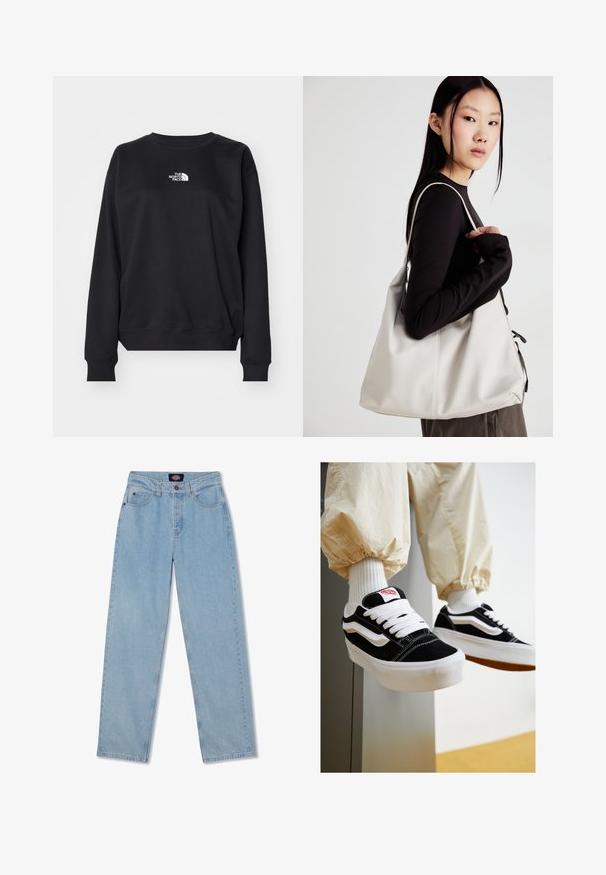 Fekete pulóver, pamut keverékből készült, kerek nyakkivágással, hosszú ujjakkal, bordázott mandzsettákkal, és egy kis fehér logóval a mellrészen.; Világoskék farmernadrág egyenes szabással, öt zsebbel, gombos záródással és diszkrét koptatással az elején.; Fekete-fehér velúrbőr sportcipők sima fehér fűzővel, texturált gumitalppal és oldalsó csíkkal. Krém színű, szűkített nadrágban viselve.; Puha anyagból készült bézs kézitáska, laza dizájnnal, varrott részletekkel és két vállpánttal. Mindennapi használatra alkalmas.