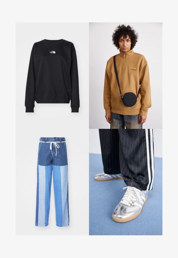 Melns džemperis, izgatavots no kokvilnas maisījuma, ar apaļu kakla izgriezumu, garām piedurknēm, ribota apakšmalu un nelielu baltu logotipu uz krūškurvja.; Zilā džinsa bikses ar pārlikuma dizainu, kas sastāv no dažādiem zilās krāsas toņiem, ar auklu jostu un brīvām, taisnām kājām.; Metāliski sudraba sporta apavi ar baltām auklām un trim baltām svītrām, savienoti ar melnām svītrainām biksēm. Gumijas zole apakšā.; Bruzs brīvajā stilā ar apdrukātu logo, ar melnu apaļu plecu somu ar rāvējslēdzēju un logo detaļām, valkāts virs džinsiem.