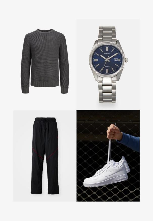 Grå stickad tröja med ett strukturerat mönster, rund hals, och ribbade ärmslut och nederkant för en åtsittande look.; Svarta träningsbyxor med texturerad yta, med dragsko i midjan, röda accenter och en loose fit.; Vita lädersneakers med perforeringar, rund tå, platt sula och tjocka snörning, med en synlig swoosh-logga och "AIR" på hälen.; Snygg klocka i silverfärgad rostfritt stål med en marinblå urtavla, metalliska timmarkörer och en datummarkering vid klockan tre. Vattentålig ner till 50 meter.