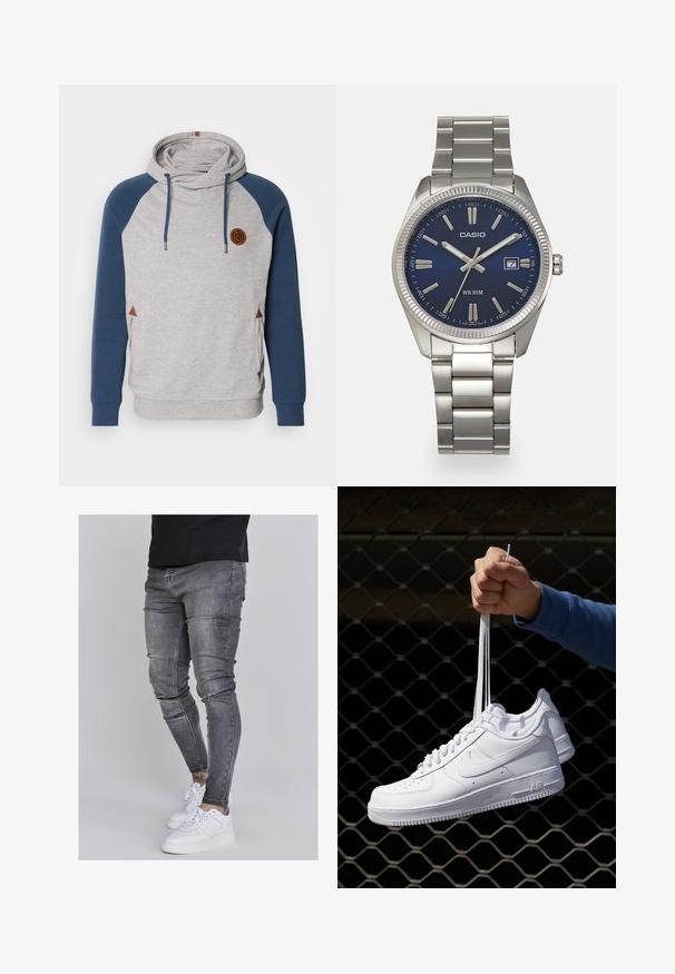 Gray sweatshirt with blue raglan sleeves, hood, and drawstrings. Features a brown emblem and brown accent triangles on the sides.; Skinny jeans in faded gray denim, featuring distressed details at the knees, paired with white sneakers. Smooth texture, slim fit design.; White leather sneakers with perforations, round toe, flat sole, and thick laces, featuring a visible swoosh logo and "AIR" on the heel.; Silver stainless steel wristwatch with a navy blue dial, metallic hour markers, and a date window at 3 o'clock. Water-resistant to 50 meters.