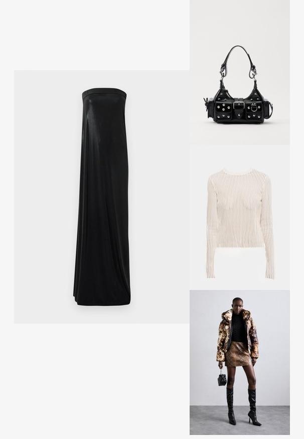 Haut à manches longues en tissu transparent à rayures dans des tons crème et beige ; design ajusté avec un col rond et une texture côtelée.; Robe maxi noire sans bretelles en tissu lisse et brillant. Présente un corsage ajusté et une silhouette fluide, atteignant le sol sans embellissements.; Doudoune avec un motif marron et noir, associée à une mini-jupe en simili-cuir serpent marron, des bottes noires jusqu'au genou et un petit sac noir.; Sac à main en cuir noir au design courbé, avec des clous en argent, une boucle et deux poches latérales. Bandoulière réglable pour différentes options de transport.
