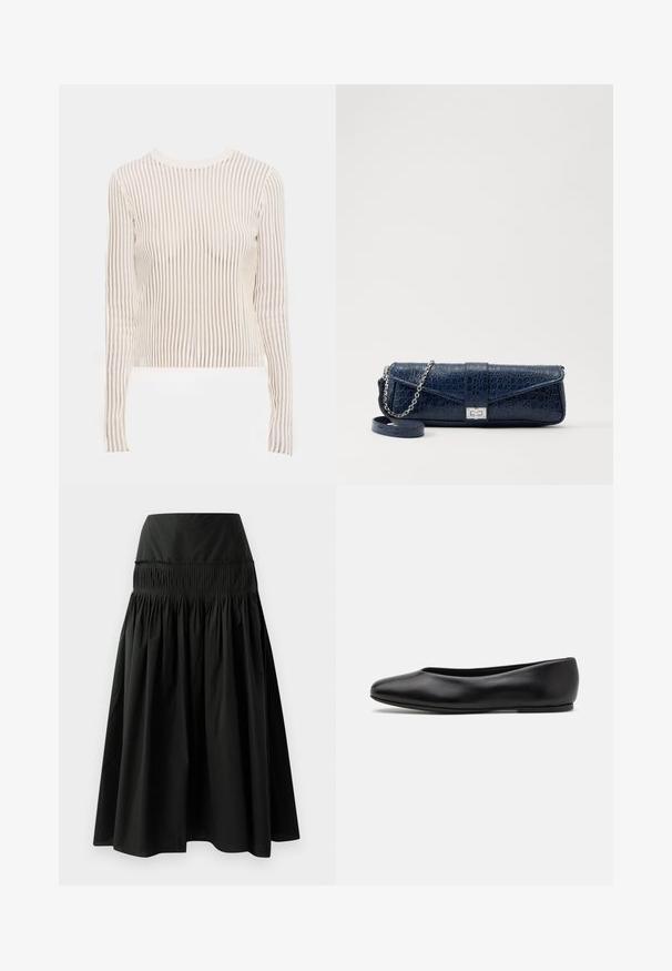 Langarmtop gemaakt van doorschijnende, gestreepte stof in crème- en beige-tinten; aansluitend ontwerp met een ronde halslijn en geribbelde textuur.; Zwarte knielange rok van gladde stof, met een aansluitende tailleband en een geassembleerd ontwerp voor volume.; Paul Smith TOPANGA - Ballerina's - black; Marineblauwe leren clutch met een krokodillenstructuur, zilveren kettingriem en metalen sluiting. Rectangulaire vorm met een omgevouwen ontwerp.