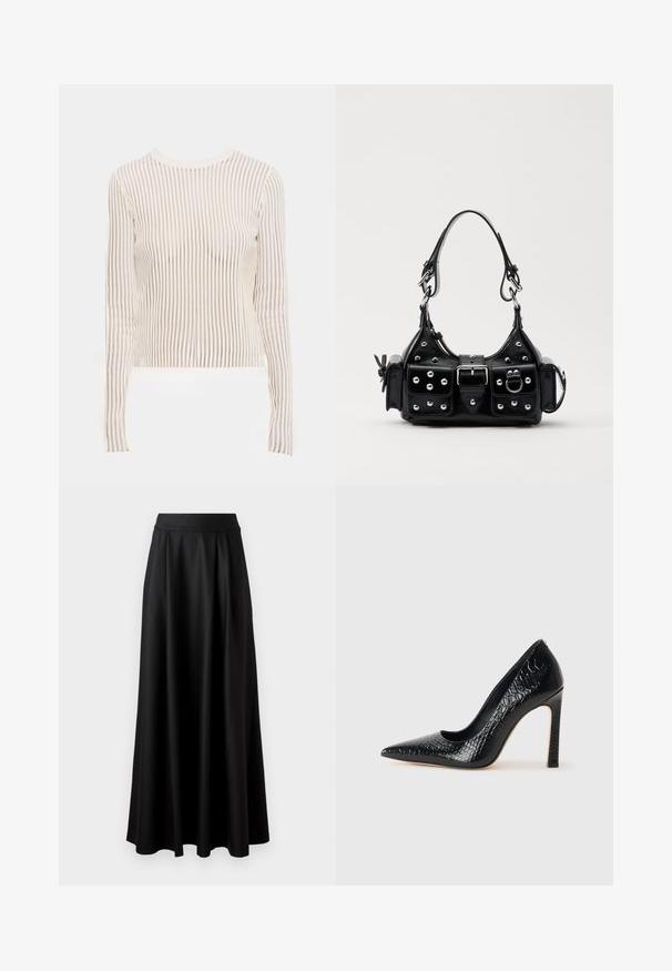 Długi rękaw, bluzka z przezroczystego, paskowanego materiału w odcieniach kremu i beżu; dopasowany krój z okrągłym dekoltem i prążkowaną teksturą.; Czarna spódnica do ziemi o gładkiej fakturze, szerokim pasie i plisowanym wzorze, bez widocznych wzorów czy ozdób.; Czarne szpilki z ostrym noskiem, pokryte teksturą skóry krokodyla, charakteryzujące się eleganckim wzornictwem, wysokim obcasem w stylu stiletto oraz gładkim czarnym wnętrzem.; Czarna skórzana torebka w zakrzywionym kształcie, z srebrnymi ćwiekami, klamrą i dwoma bocznymi kieszeniami. Regulowany pasek umożliwiający różne opcje noszenia.