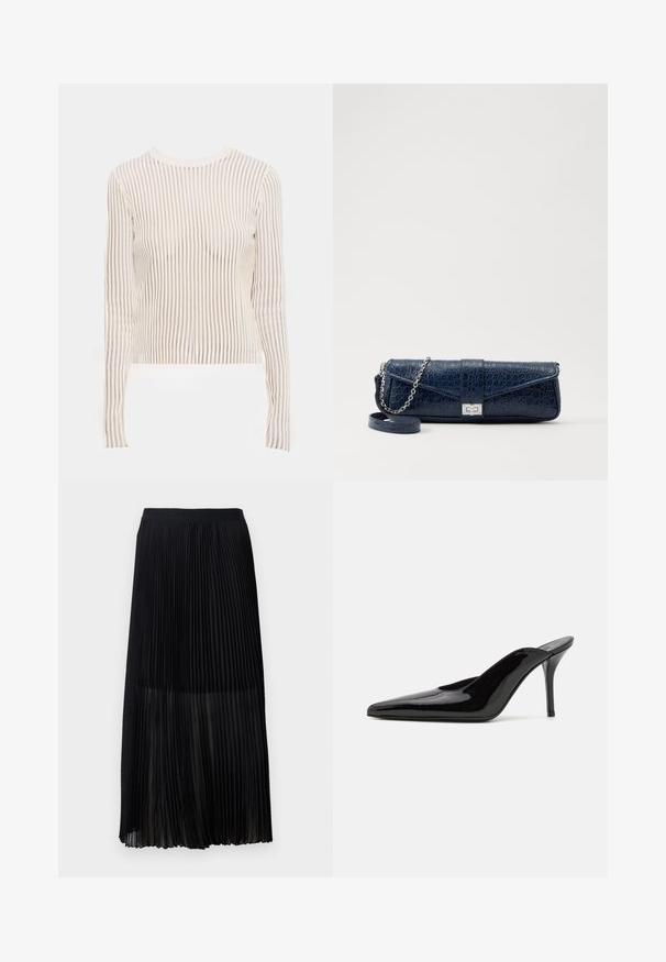 Langärmliges Oberteil aus transparentem, gestreiftem Stoff in Creme- und Beigetönen; taillierte Passform mit Rundhalsausschnitt und geripptem Struktur.; Schwarzer, plissierter Midirock mit einem glatten, elastischen Bund und einer durchsichtigen Überlagerung, die feine vertikale Falten im gesamten Stoff aufweist.; Schwarze Lackleder-Pumps mit hohen Absätzen, spitzer Zehenform und schlanker Silhouette, mit offenem Rücken und schlankem Stiletto-Absatz.; Marineblaue Leder-Clutch mit Krokodilstruktur, silberner Kettenriemen und metallischem Verschluss. Rechteckige Form mit Umschlagdesign.