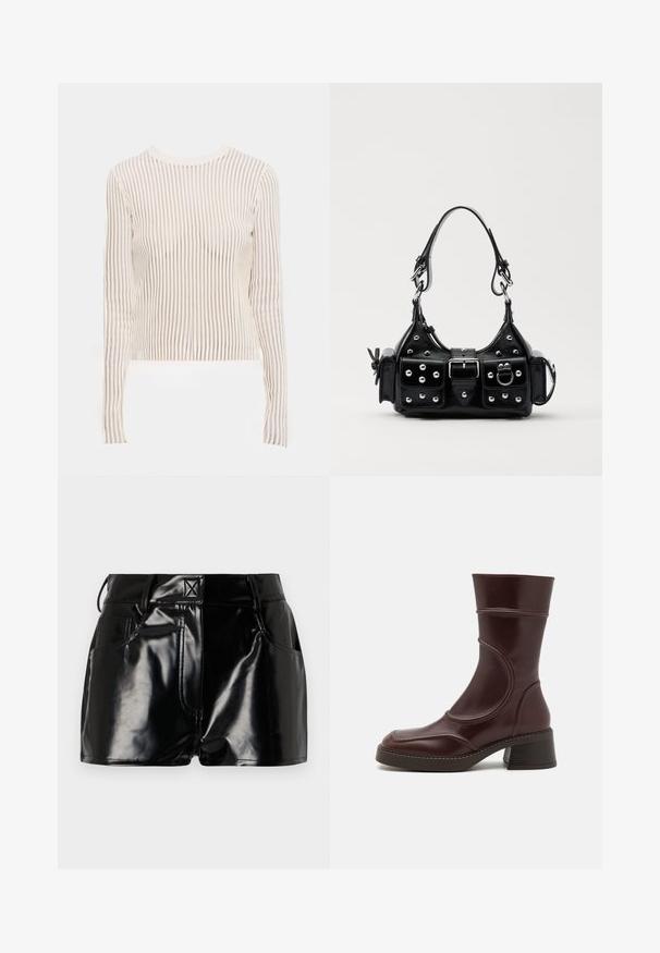 Langarmtop gemaakt van doorschijnende, gestreepte stof in crème- en beige-tinten; aansluitend ontwerp met een ronde halslijn en geribbelde textuur.; Zwarte, glanzende shorts van synthetisch materiaal. Heeft een aansluitende taille, riemlussen en voorzakken met opvallende stikseldetails.; MIISTA MALENE - Lage laarzen - brown; Zwarte lederen handtas met een gebogen ontwerp, voorzien van zilveren studs, een gesp en twee zijvakken. Verstelbare schouderband voor verschillende draagmogelijkheden.