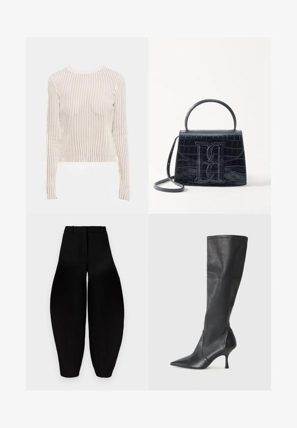 Langärmliges Oberteil aus transparentem, gestreiftem Stoff in Creme- und Beigetönen; taillierte Passform mit Rundhalsausschnitt und geripptem Struktur.; Schwarze weit geschnittene Hose mit hoher Taille, gefaltetem Vorderteil und schmal zulaufenden Knöcheln. Hergestellt aus glattem Stoff mit matter Oberfläche.; Knöchelhoche schwarze Lederstiefel mit einer spitzen Zehe und einem schlanken Stiletto-Blockabsatz. Glatte Textur mit einer enganliegenden Passform und Nähten am oberen Rand.; Schwarze Handtasche aus Krokodilprägung mit strukturiertem Design, Oberhandgriff, verstellbarem Tragegurt und einem auffälligen Logo-Detail auf der Vorderseite.