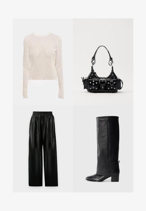 Haut à manches longues en tissu transparent à rayures dans des tons crème et beige ; design ajusté avec un col rond et une texture côtelée.; Pantalons larges en cuir noir avec une ceinture élastique, dotés de deux poches latérales et d'une texture lisse et brillante.; Bottes noires en cuir, montantes jusqu'au genou, avec une finition lisse, un bout carré, un talon carré et un détail de lacet sur le côté pour un ajustement réglable.; Sac à main en cuir noir au design courbé, avec des clous en argent, une boucle et deux poches latérales. Bandoulière réglable pour différentes options de transport.