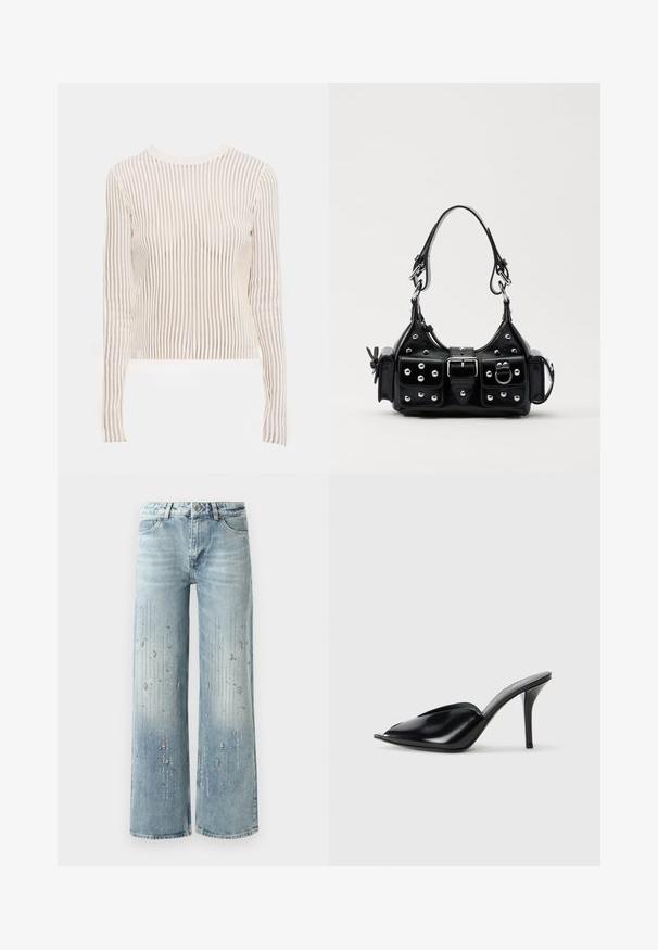 Ilgiem piedurkņu tops, izgatavots no caurspīdīga, svītraina auduma krēmkrāsas un bēša toņos; pieguļošs dizains ar apaļu kakla izgriezumu un ribotu tekstūru.; Gaiši zilas platās kājas džinsus, kas izgatavoti no denima, ar gradienta krāsu efektu un rotājumiem no sudraba rhinestones vertikālā rakstā.; Melnas ādas augstpapēžu mūlas ar atvērtu purngalu, vērptu dizainu, gludu tekstūru un šauru stilletu papēdi.; Melnas ādas rokturmais ar izliekumu, ar sudraba iedurtiem, sprādzi un divām sānu kabatām. Regulējams siksniņas garums dažādām nēsāšanas iespējām.