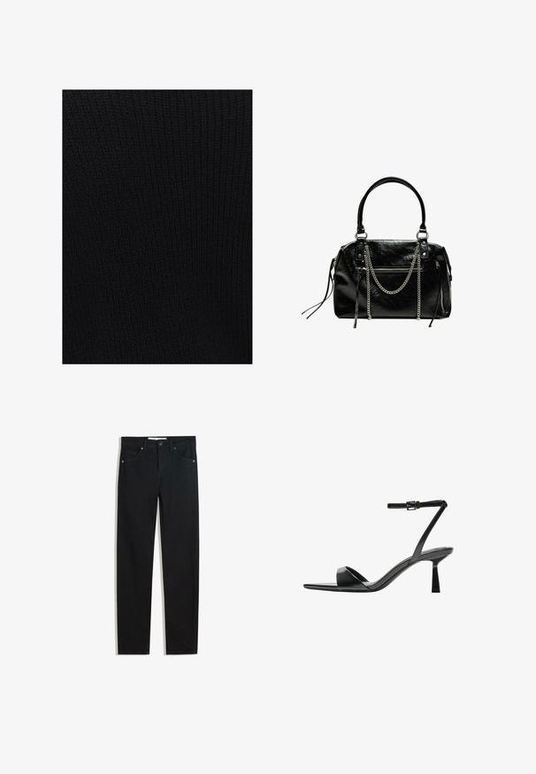 OXXO - Sweter; Czarna dżinsowa spodnie o prostym kroju, pięć kieszeni, metalowe zapięcie na guzik oraz subtelne detale przeszycia. Gładka faktura.; Bershka - Sandały na obcasie; Bershka - Torebka