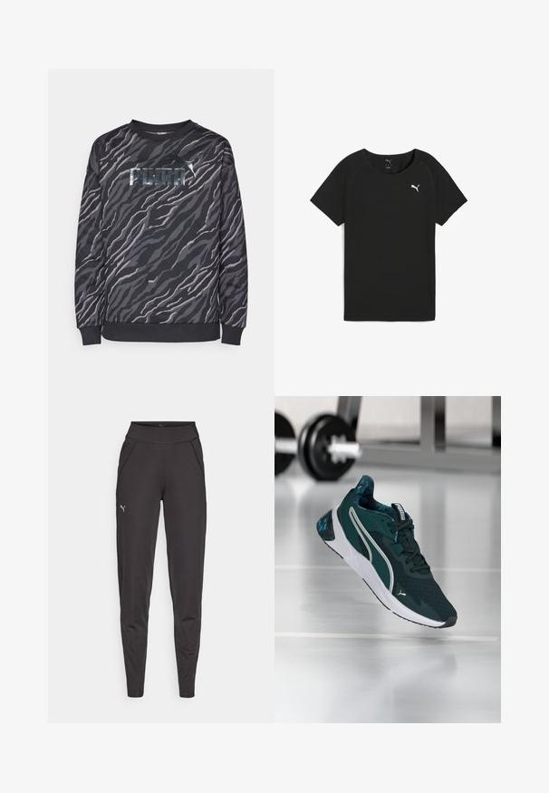 Felpa nera e grigia con un motivo a strisce tigre, caratterizzata da un logo metallico "PUMA" sulla parte anteriore, scollatura rotonda e polsini a coste.; T-shirt nera a maniche corte realizzata in tessuto leggero, con scollo rotondo e logo Puma bianco sul petto.; Leggings sportivi neri in tessuto elasticizzato, con vita alta, tasche laterali e un piccolo logo riflettente sulla coscia sinistra.; Scarpa da ginnastica Puma verde scuro e bianca con ammortizzazione decorata, mostrata a mezz'aria su un pavimento da palestra vicino a un supporto per bilanciere.