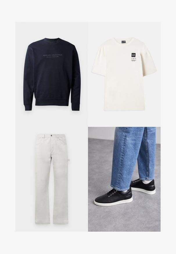 Sudadera azul marino hecha de material suave, con cuello redondo y puños acanalados, con el texto en relieve "ARMANI EXCHANGE MILANO / NEW YORK".; Camiseta de manga corta en algodón color blanco roto, con un parche rectangular negro de logo y las instrucciones de cuidado impresas en negro en el pecho.; Pantalones gris claro con corte recto, confeccionados en una suave tela de algodón, con bolsillos frontales y un bolsillo lateral tipo cargo.; Zapatillas de cuero negras con suelas de goma blancas, con cordones redondos, superficie suave y un discreto logo en el talón. Combinadas con jeans azules.