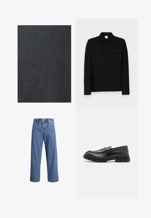 Čierna bavlnená tkanina s hladkou textúrou, s jednotným pleteným vzorom a bez viditeľných ozdôb alebo kovových detailov.; Čierna košeľa na gombíky vyrobená z hladkej tkaniny, so štyrmi náprsníkmi, bodovým golierom a gombíkovými manžetami. Jednoduchý dizajn s minimálnym zdobením.; Svetlomodré denimové džínsy so strihom rovného nohavice, vysokým pásom a minimálnymi detalmi šitia. Tkanina má mäkkú, mierne vyblednutú textúru.; Čierne kožené poltopánky s hladkým povrchom, s predným remienkom a robustnou gumovou podrážkou s drážkovanými akcentmi.