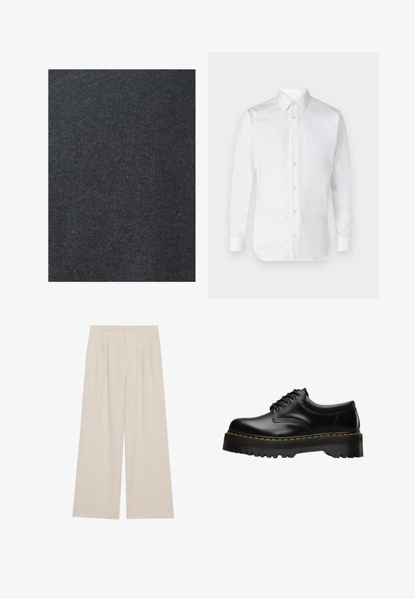 Schwarzer Baumwollstoff mit glatter Textur, der ein einheitliches Strickmuster aufweist und keine sichtbaren Verzierungen oder Hardware-Details hat.; Weißes Hemd mit langen Ärmeln, aus glattem Baumwollstoff, mit einem klassischen Kragen und subtiler Glanz. Fünf Knöpfe vorne.; Beige weite Hose mit flachem Bund, Falten und elastischem Bund. Hergestellt aus einem leichten Stoff mit glatter Textur.; Schwarzer Leder-Schnürschuh mit einer dicken, gezahnten Gummisohle in Schwarz und gelben Nähten entlang der Kante, mit einer glatten Verarbeitung.