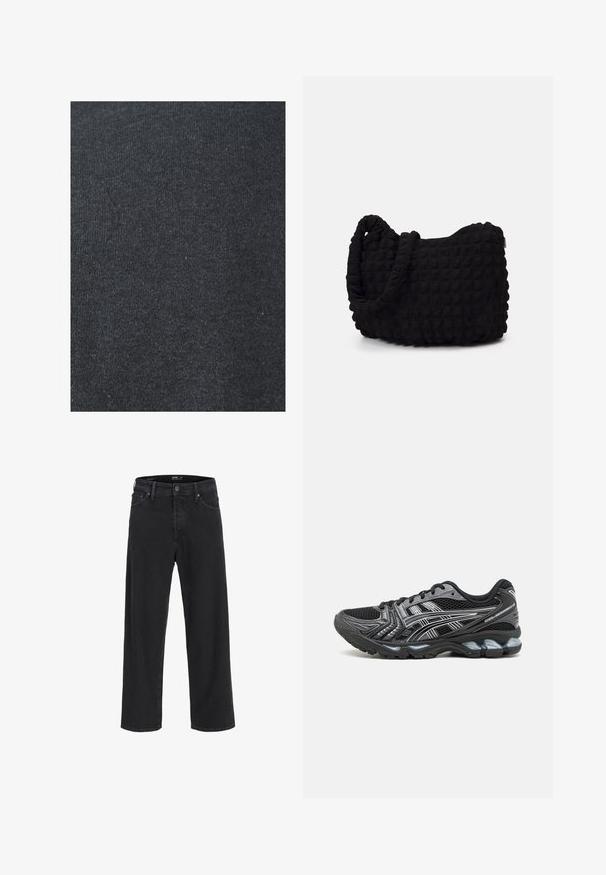 Fekete pamut szövet sima textúrával, egységes kötött mintázattal, látható díszítések vagy fém részletek nélkül.; Fekete egyenes szárú farmernadrág gombos és cipzáras záródással, övhurkokkal, valamint elülső és hátsó zsebekkel.; Fekete sportcipő hálós felsőrésszel, ezüst részletekkel és párnázott talppal. Fűzős kialakítással és mintázott talppal a jobb tapadás érdekében.; Fekete szövet táska texturált, steppelt mintával. Kerek formájú, rövid, vastag fogantyúkkal és puha, rugalmas szerkezettel.